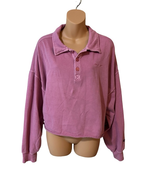 Champion Tops - Champion Washed Henley Pullover Pink Cropped Collared Sweatshirt Preppy Grunge L
